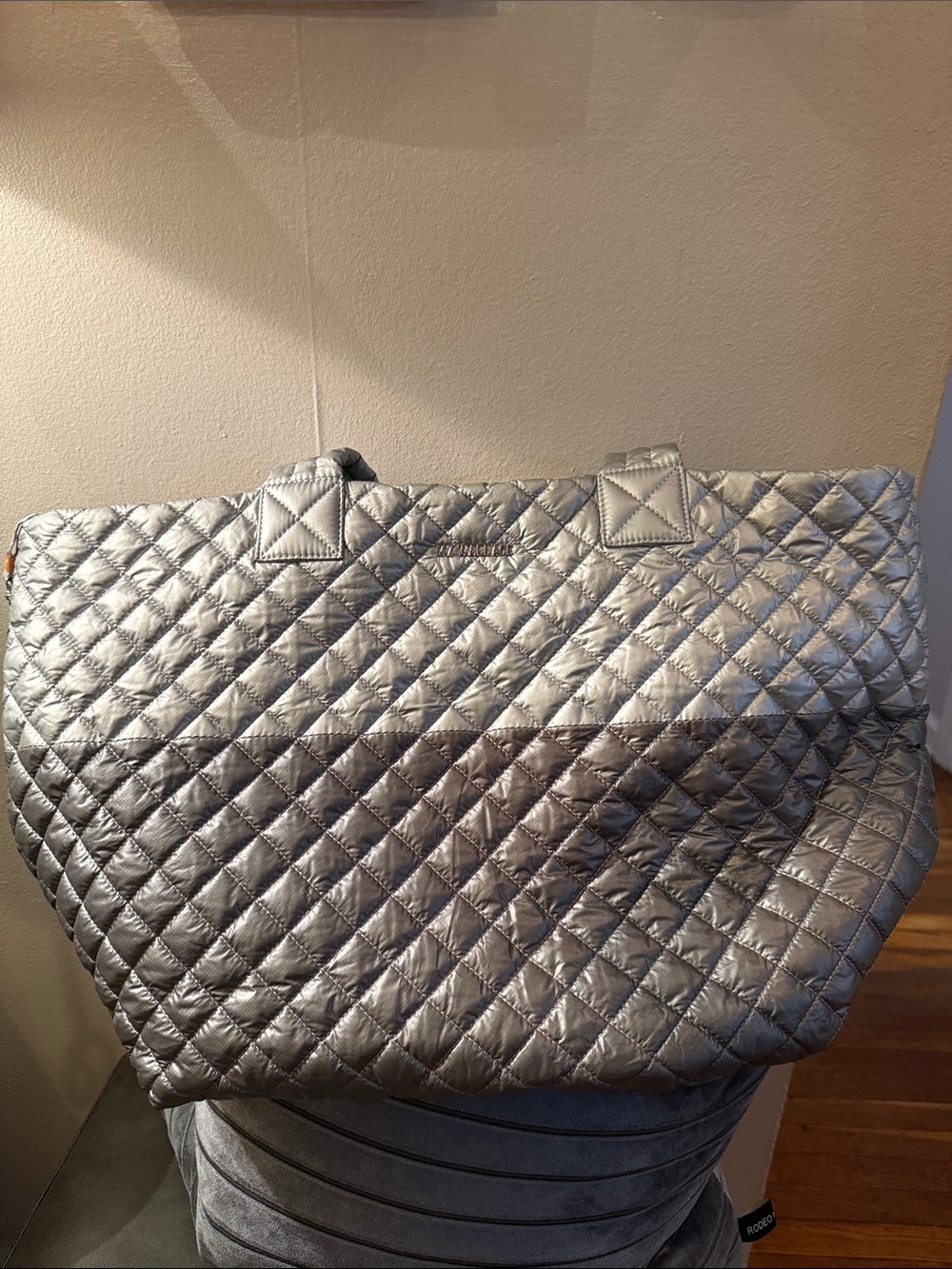 Miz Wallace two tone Quilted Metallic Silver Tote Bag